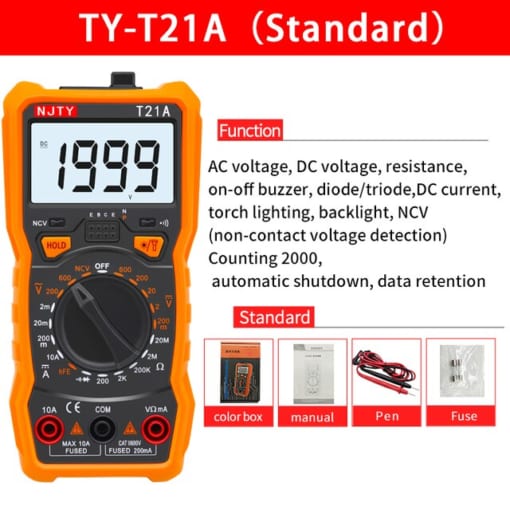 NJTY Digital Multimeter T21A T21B T21C T21D T21E 6000 Counts AC DC A V Auto